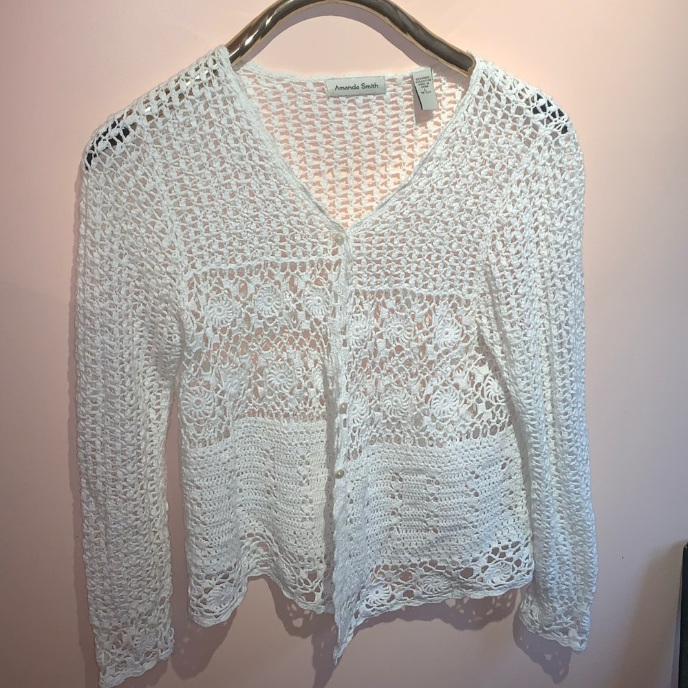 VTG Amanda Smith White Crochet Cardigan. Size L.